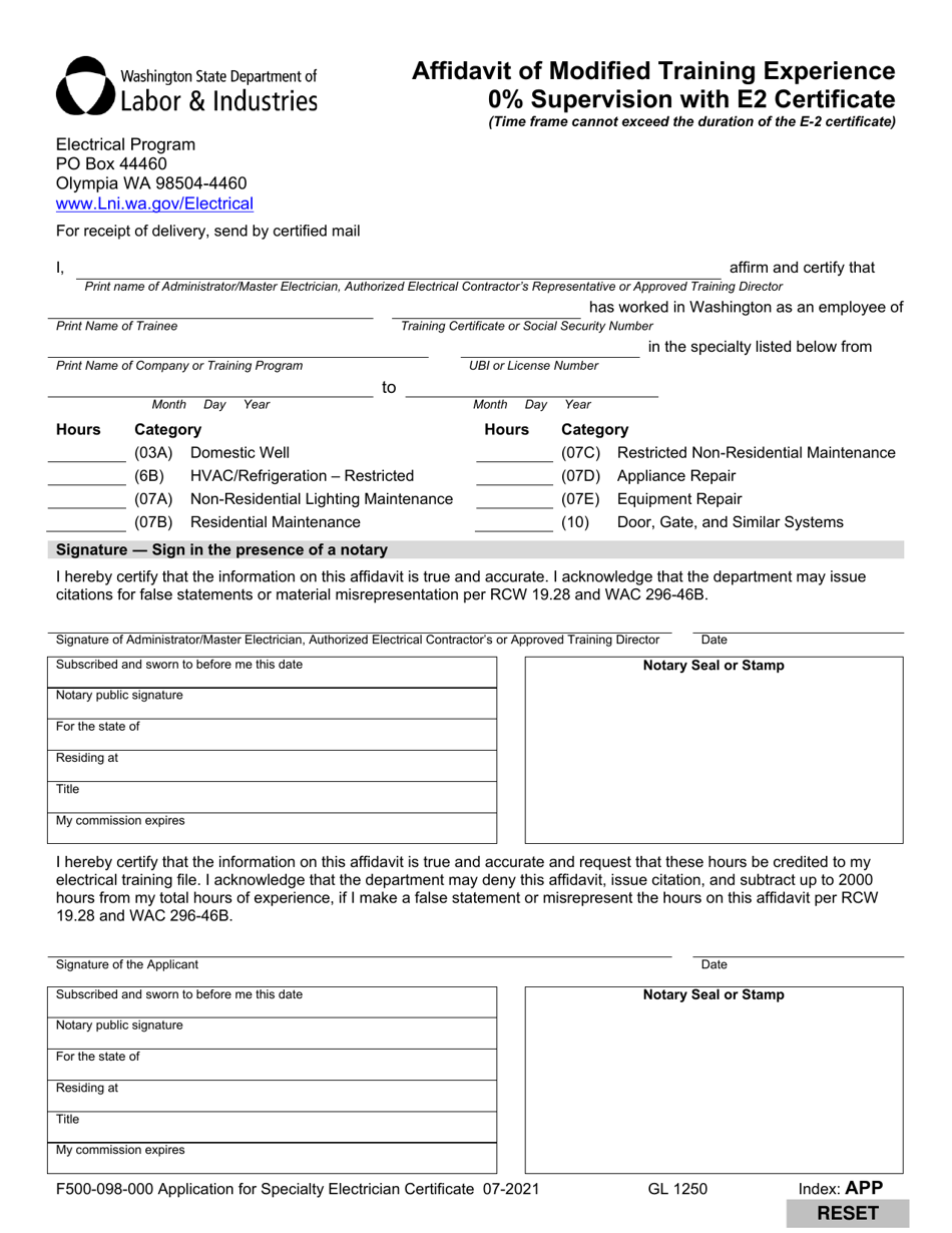Form F500 098 000 Download Fillable Pdf Or Fill Online Application For Specialty Electrician 6520