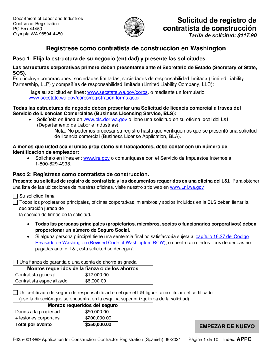 Formulario F625-001-999 Solicitud De Registro De Contratista De Construccion - Washington (Spanish), Page 1