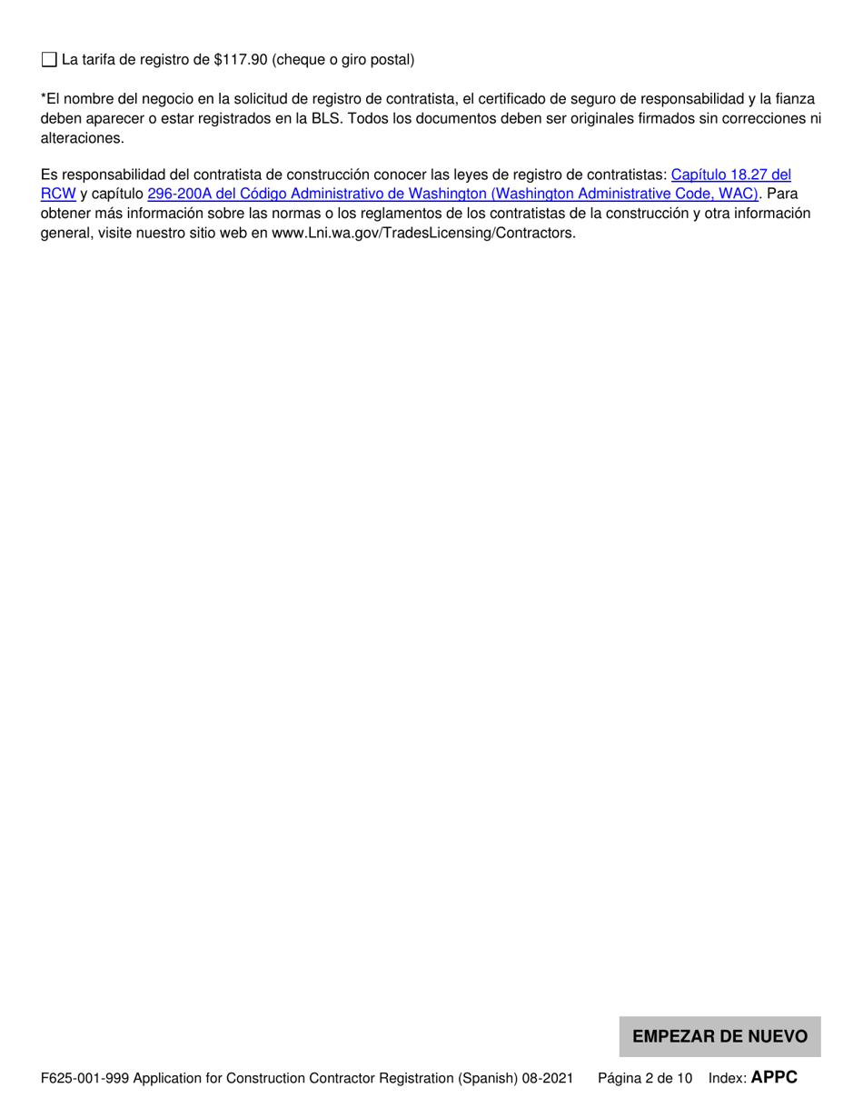 Formulario F625-001-999 Solicitud De Registro De Contratista De Construccion - Washington (Spanish), Page 2