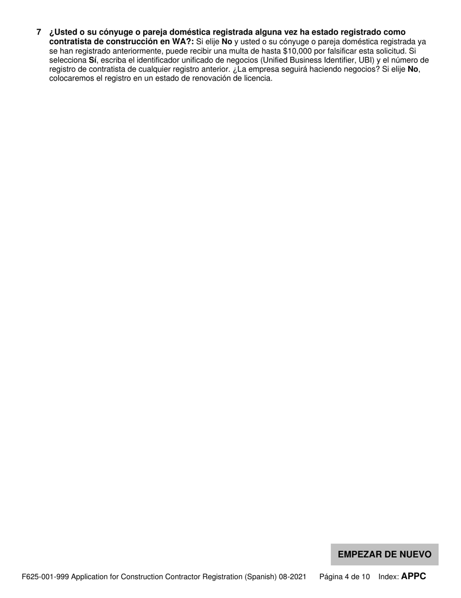 Formulario F625-001-999 Solicitud De Registro De Contratista De Construccion - Washington (Spanish), Page 4