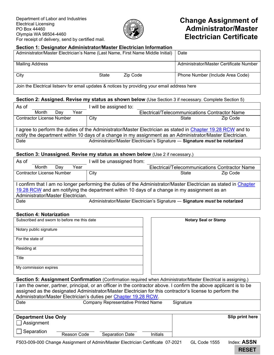 Form F503-009-000 Change Assignment of Administrator / Master Electrician Certificate - Washington, Page 2