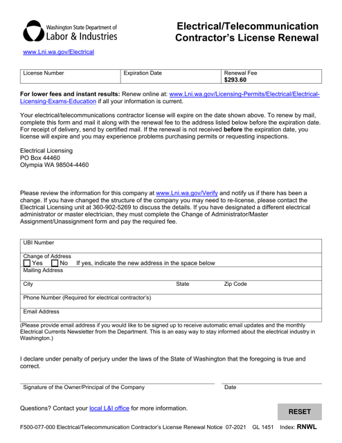 Form F500-077-000 Electrical/Telecommunication Contractor's License Renewal - Washington