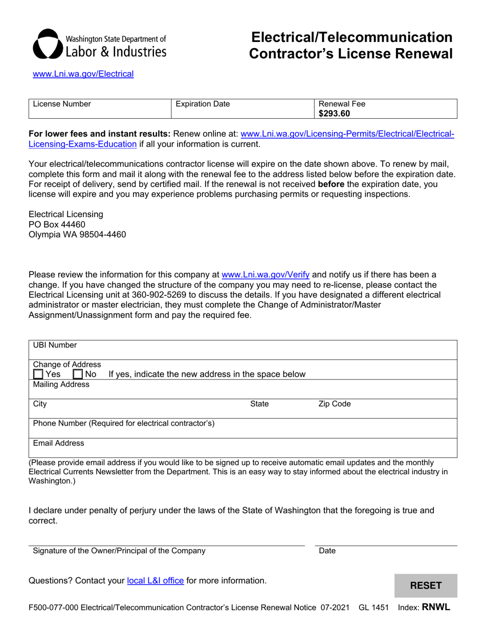 Form F500-077-000 Electrical / Telecommunication Contractors License Renewal - Washington, Page 1