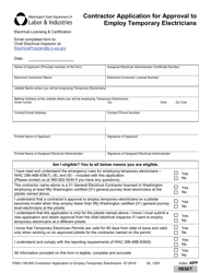 Document preview: Form F500-139-000 Contractor Application for Approval to Employ Temporary Electricians - Washington