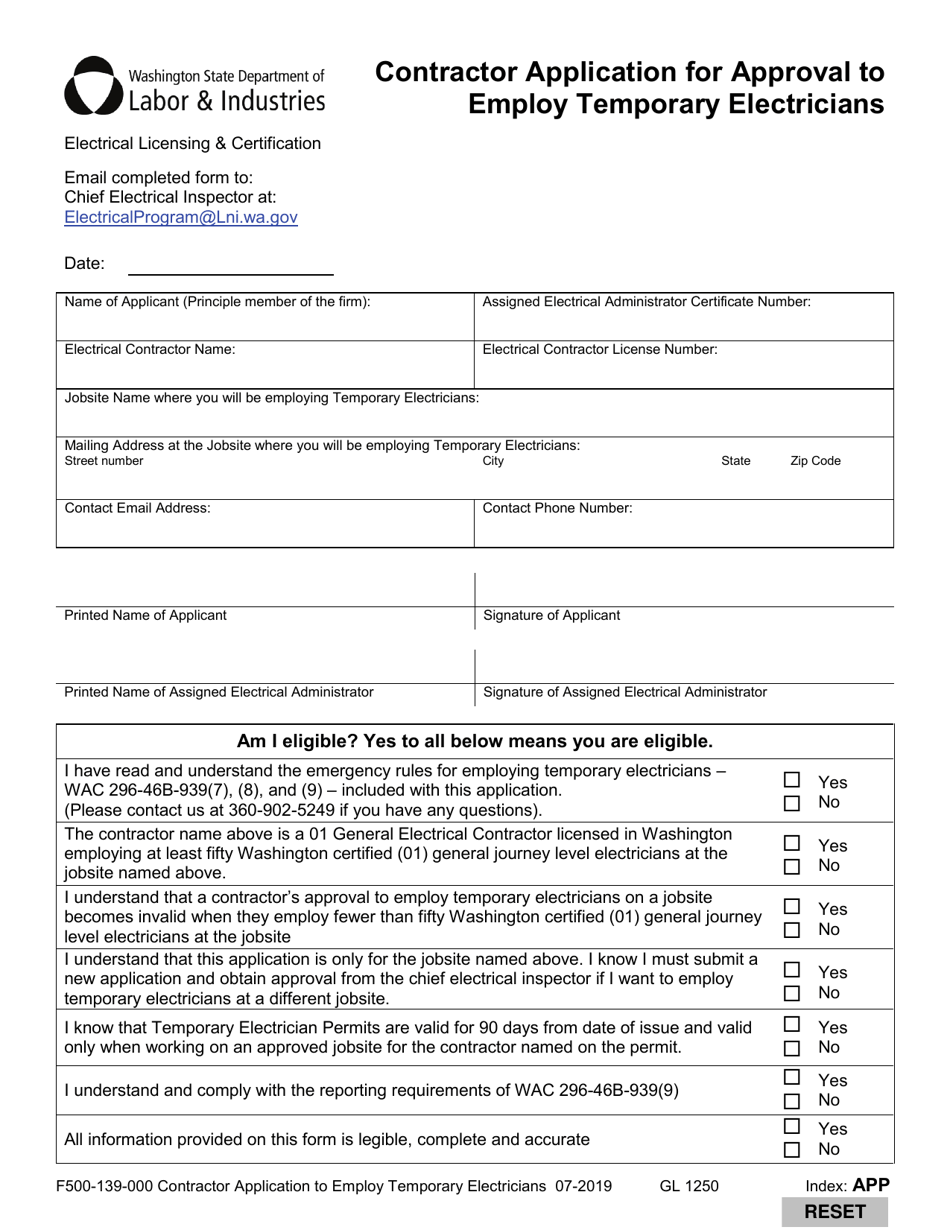 Form F500-139-000 Contractor Application for Approval to Employ Temporary Electricians - Washington, Page 1