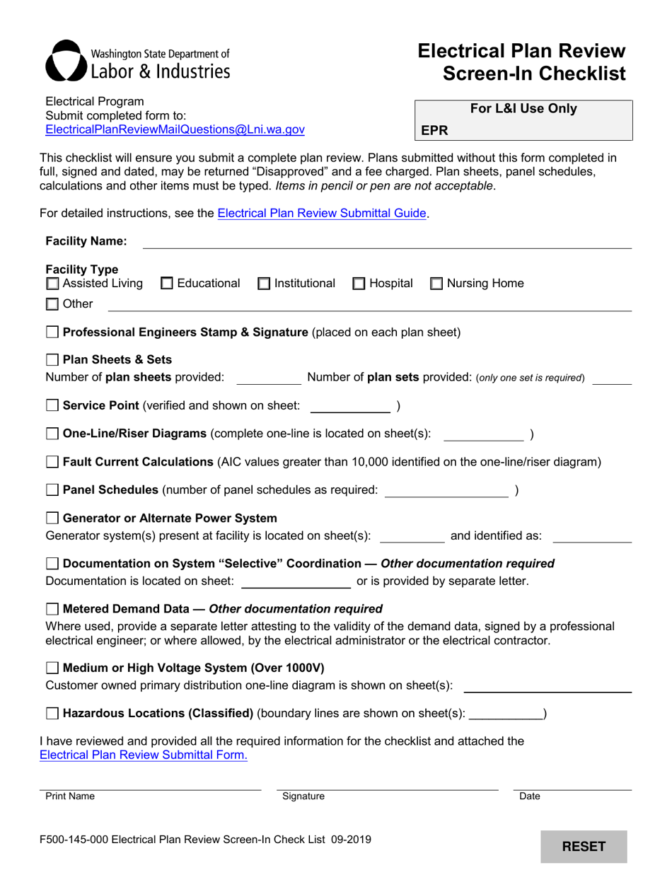 Form F500-145-000 Electrical Plan Review Screen-In Checklist - Washington, Page 1