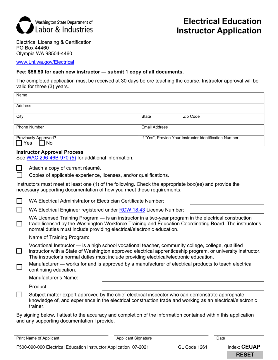 Form F500-090-000 Electrical Education Instructor Application - Washington, Page 1