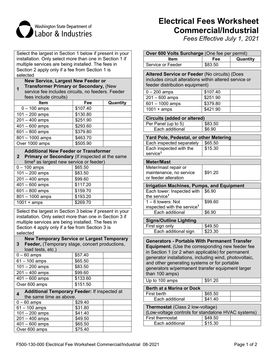 Form F500-130-000 Commercial / Industrial Electrical Fee Worksheet - Washington, Page 1