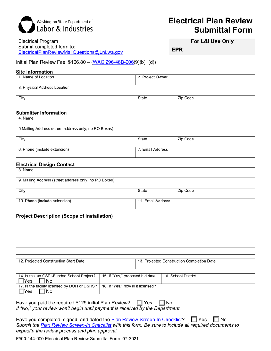 Form F500-144-000 Electrical Plan Review Submittal Form - Washington, Page 1
