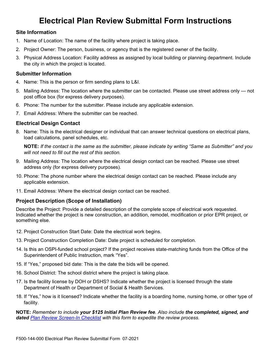 Form F500-144-000 Electrical Plan Review Submittal Form - Washington, Page 2