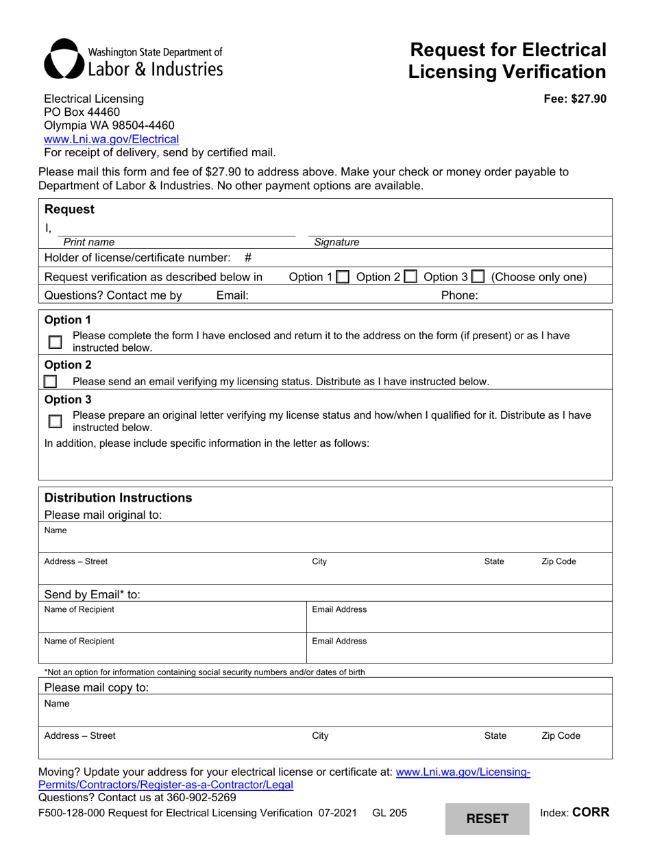 Form F500-128-000 Request for Electrical Licensing Verification - Washington, Page 1
