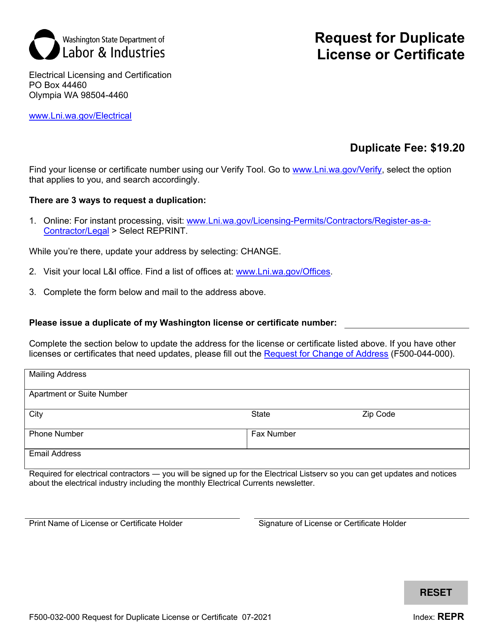Form F500-032-000 Request for Duplicate or Replacement License or Certificate - Washington
