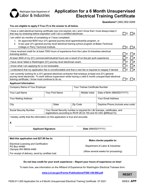 Form F626-011-000 Application for a 6 Month Unsupervised Electrical Training Certificate - Washington