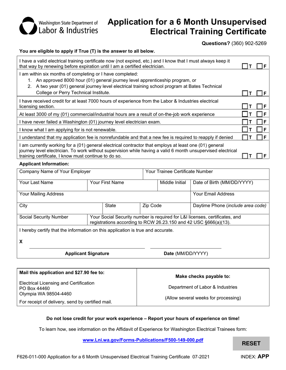 Form F626-011-000 Application for a 6 Month Unsupervised Electrical Training Certificate - Washington, Page 1