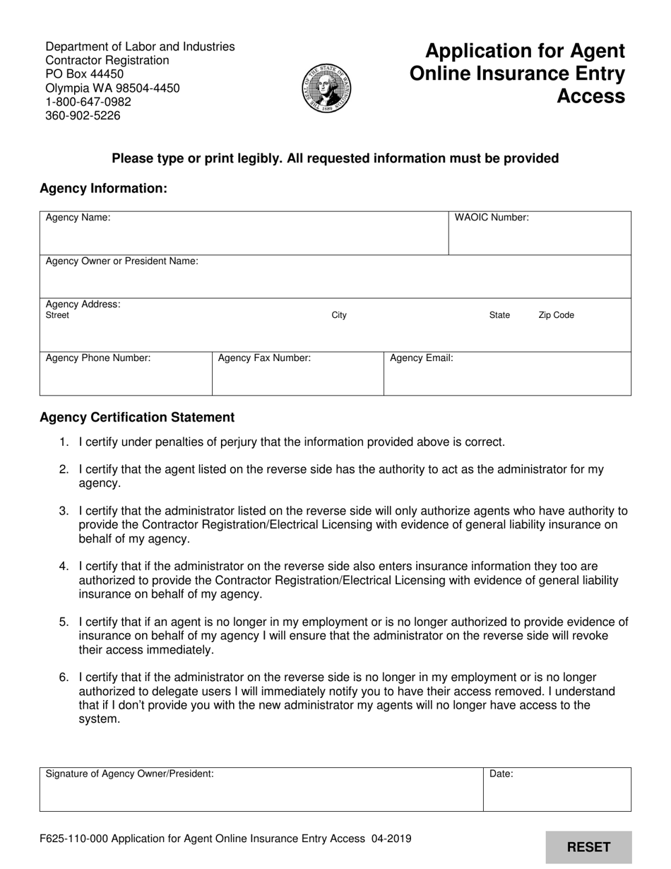 Form F625-110-000 Application for Agent Online Insurance Entry Access - Washington, Page 1