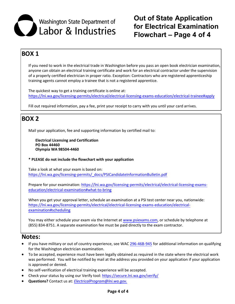 Form F626-009-000 Out of State Application for Electrical Examination - Washington, Page 4