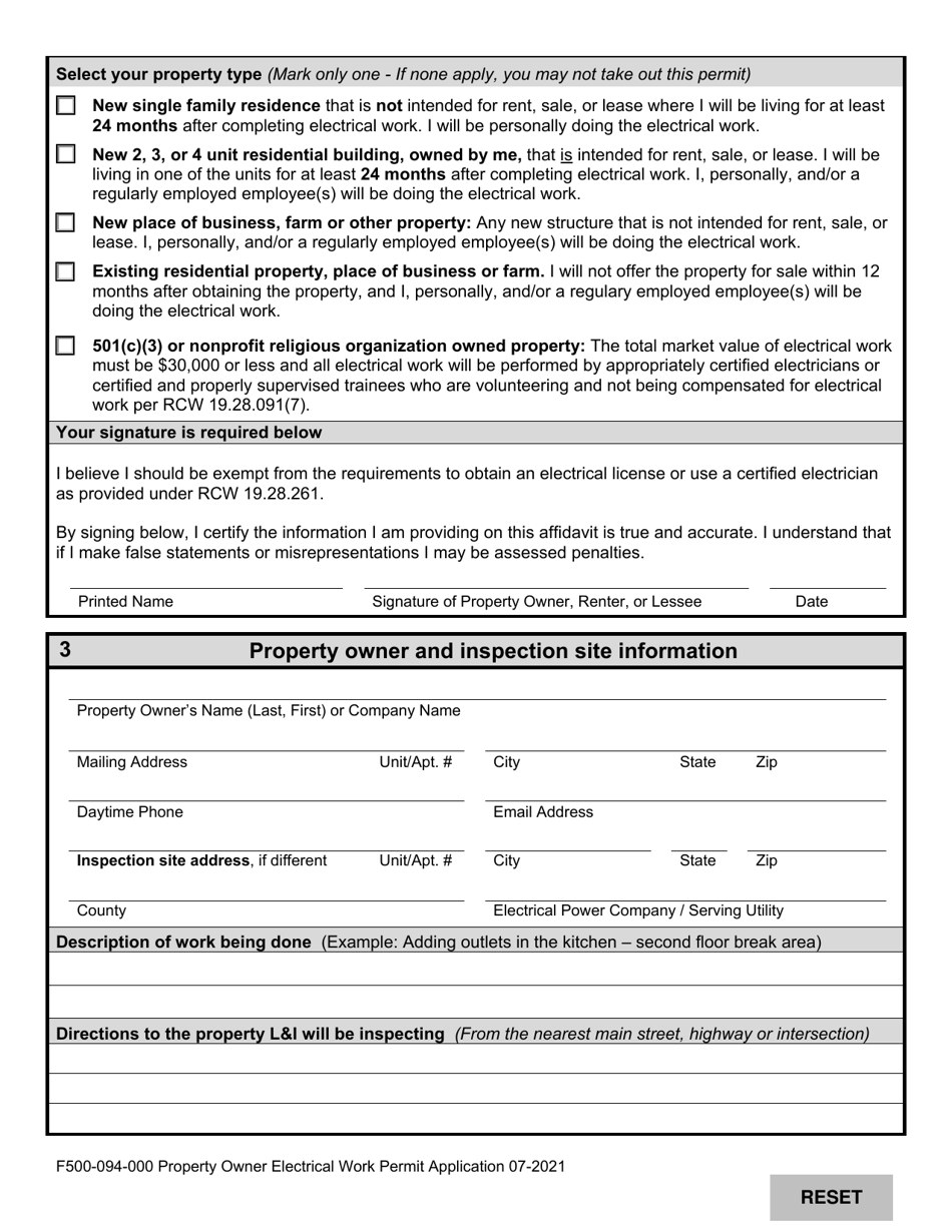 Form F500-094-000 Property Owner Electrical Work Permit Application - Washington, Page 2
