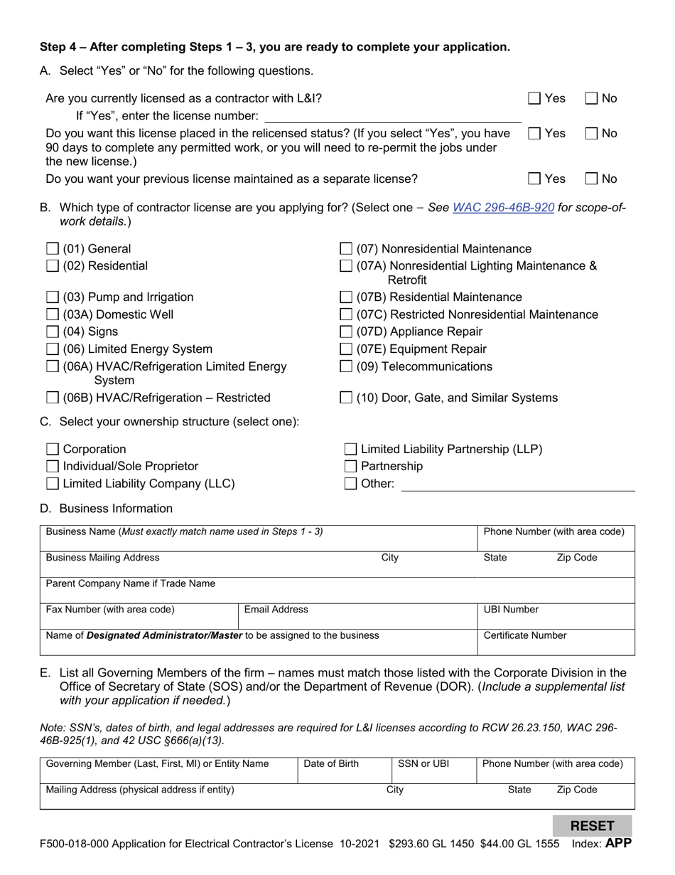 Form F500-018-000 Application for Electrical or Telecommunications Contractor License - Washington, Page 2