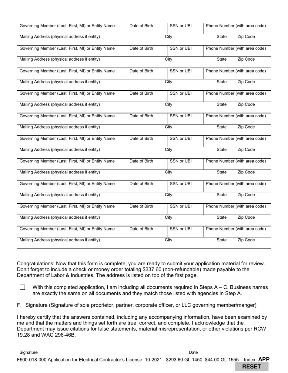 Form F500-018-000 Application for Electrical or Telecommunications Contractor License - Washington, Page 3