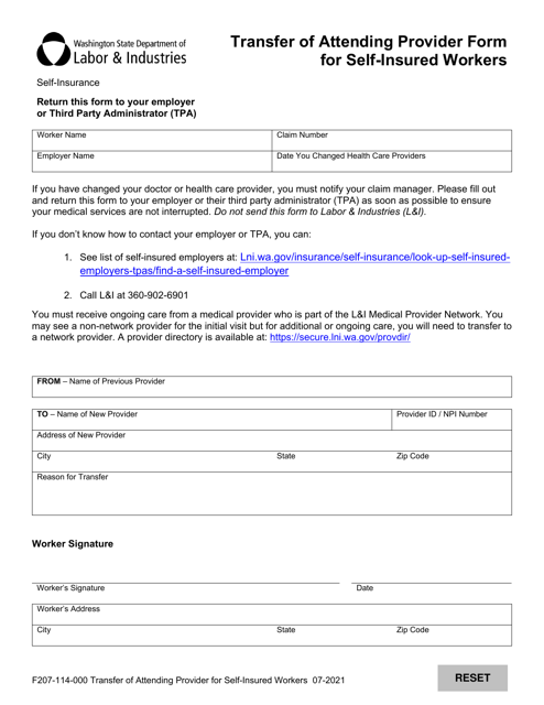 Form F207-114-000 Transfer of Attending Provider Form for Self-insured Workers - Washington