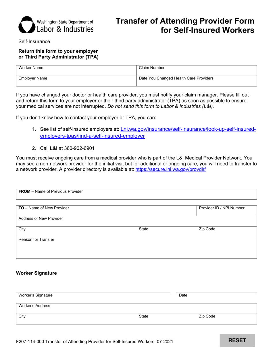 Form F207-114-000 Transfer of Attending Provider Form for Self-insured Workers - Washington, Page 1