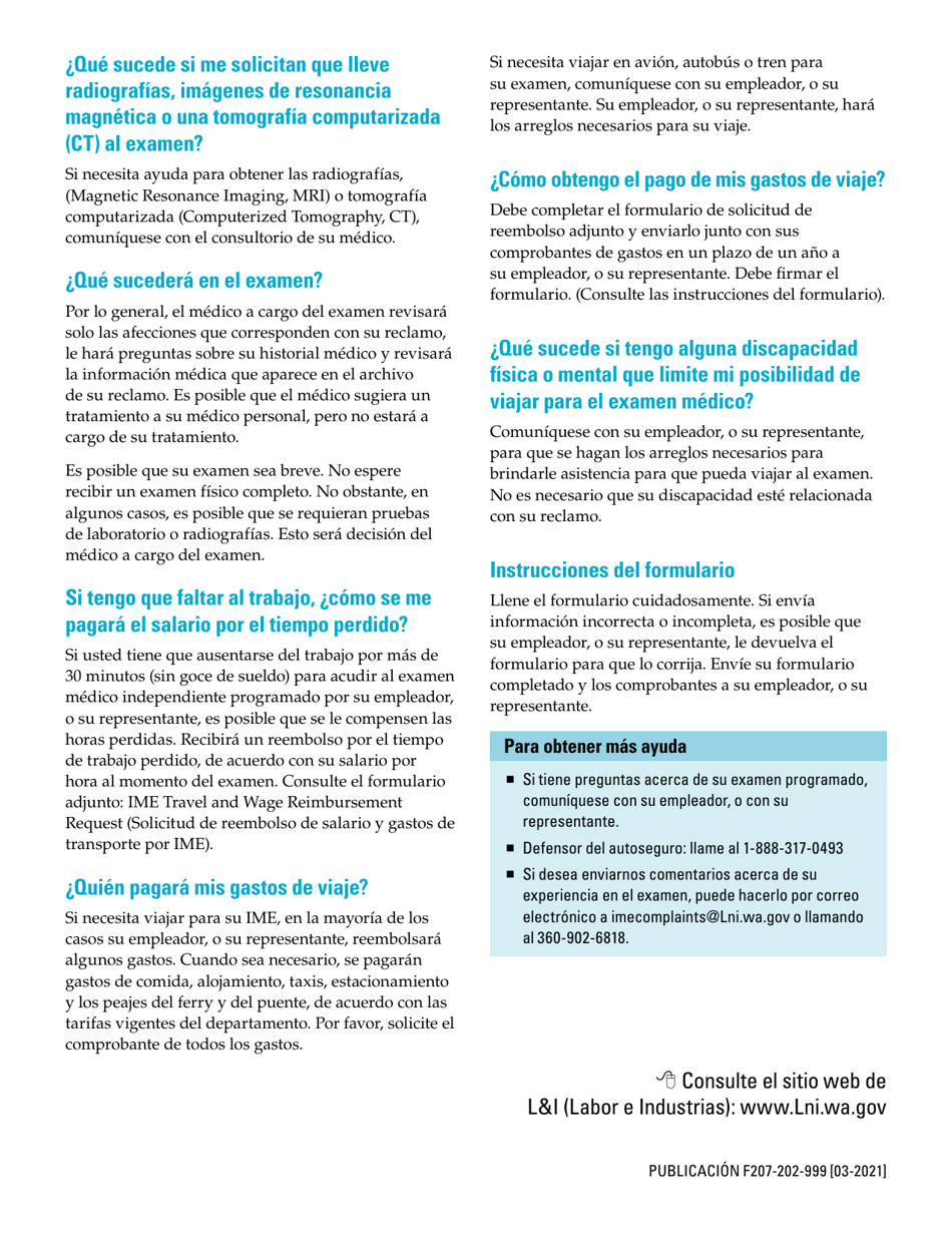 Formulario F207-202-999 Examen Medico Independiente (Ime) Solicitud Para Reembolso De Gastos De Viaje Y Salario - Washington (Spanish), Page 2