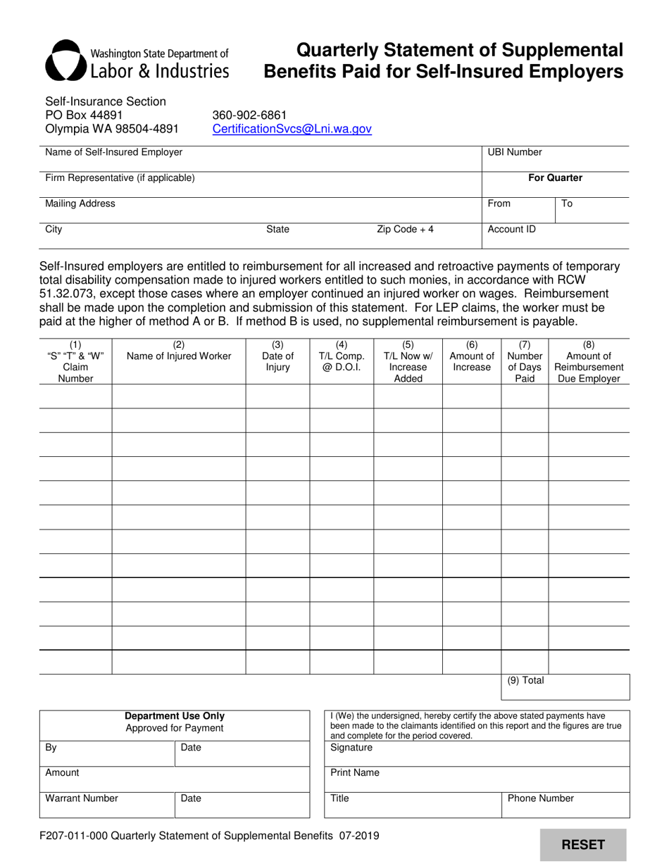 Form F207-011-000 Quarterly Statement of Supplemental Benefits Paid for Self-insured Employers - Washington, Page 1