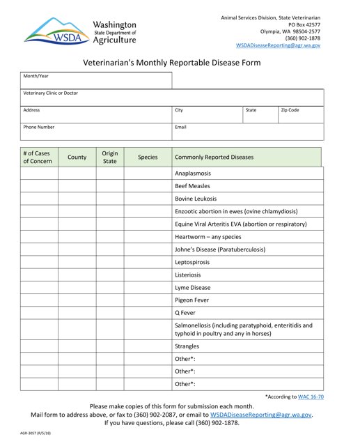 AGR Form 3057 Veterinarian's Monthly Reportable Disease Form - Washington