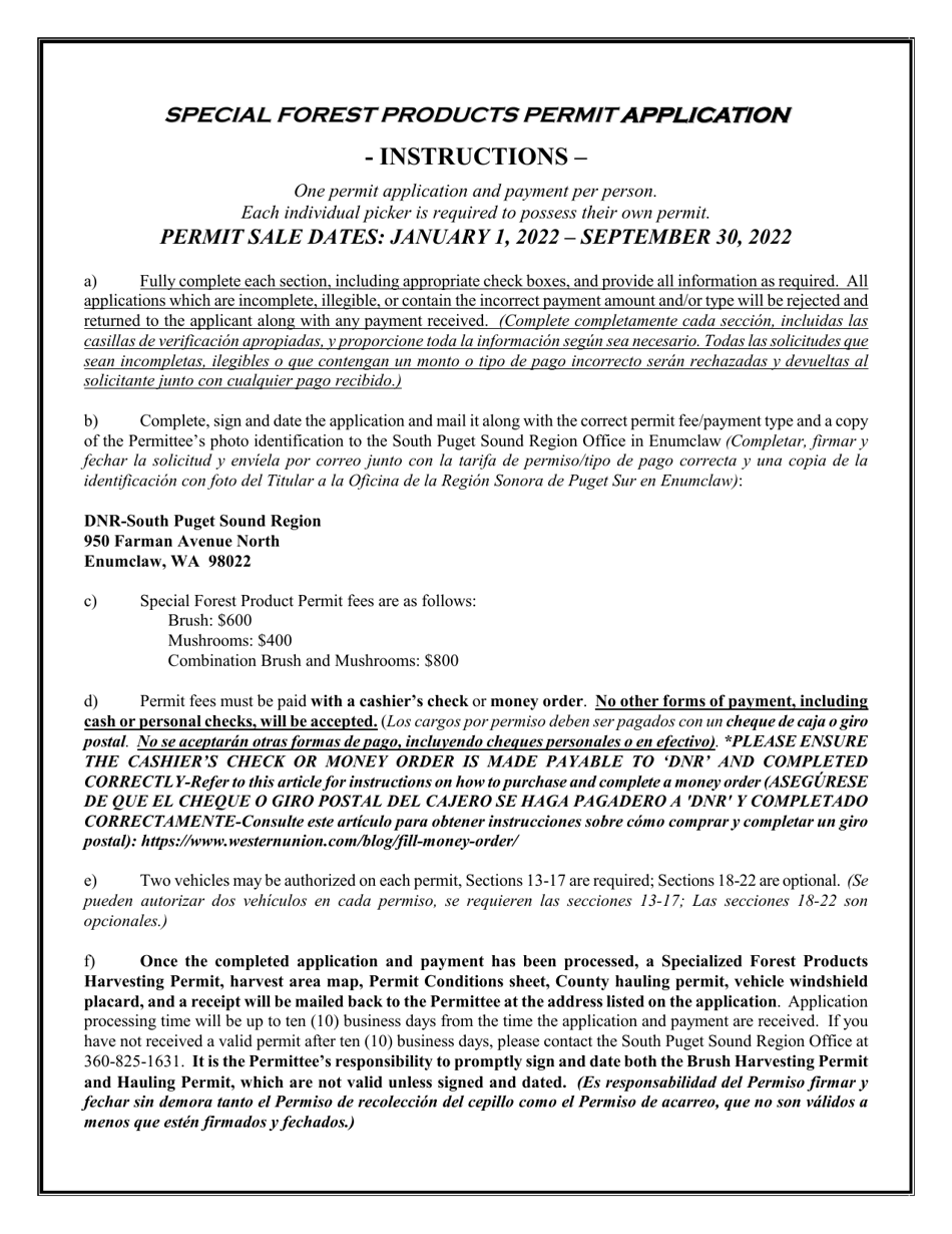 Special Forest Products Permit Application - Washington, Page 1