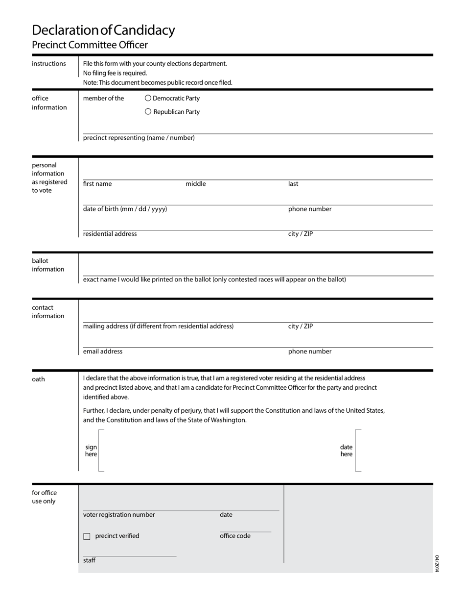 Washington Declaration of Candidacy Precinct Committee Officer Fill
