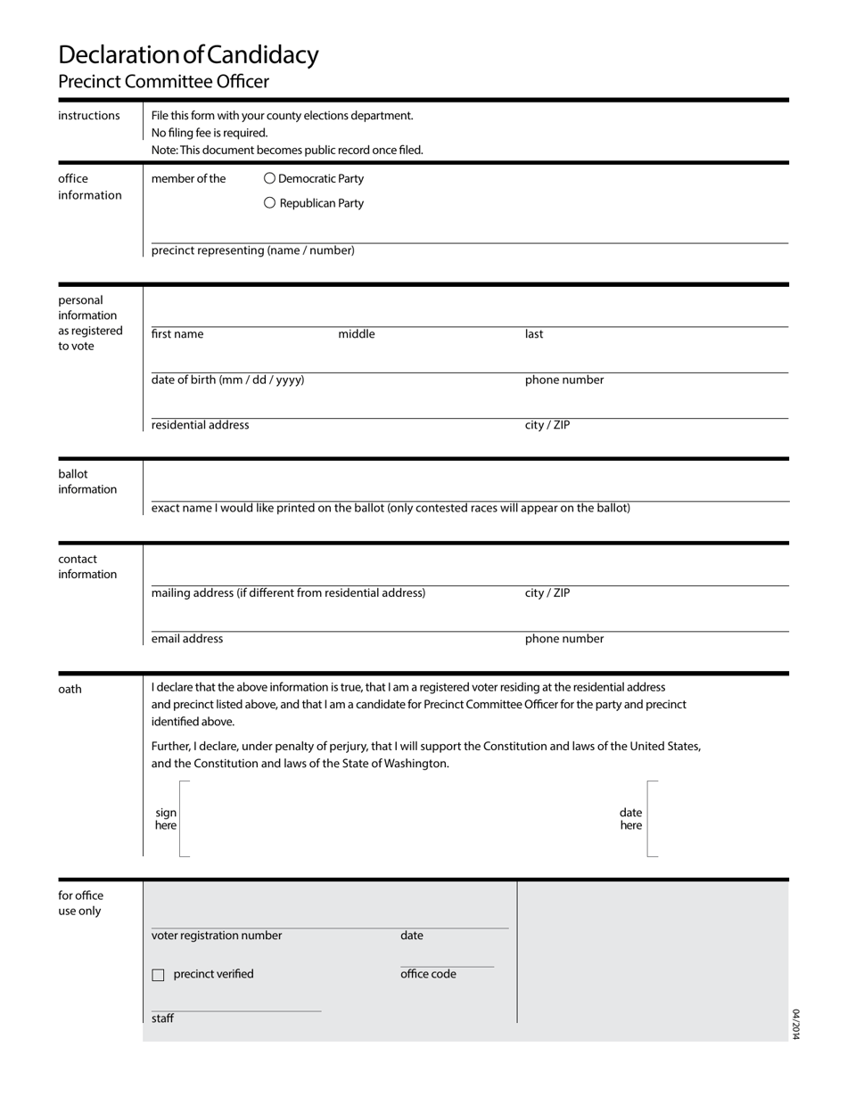 Declaration of Candidacy - Precinct Committee Officer - Washington, Page 1