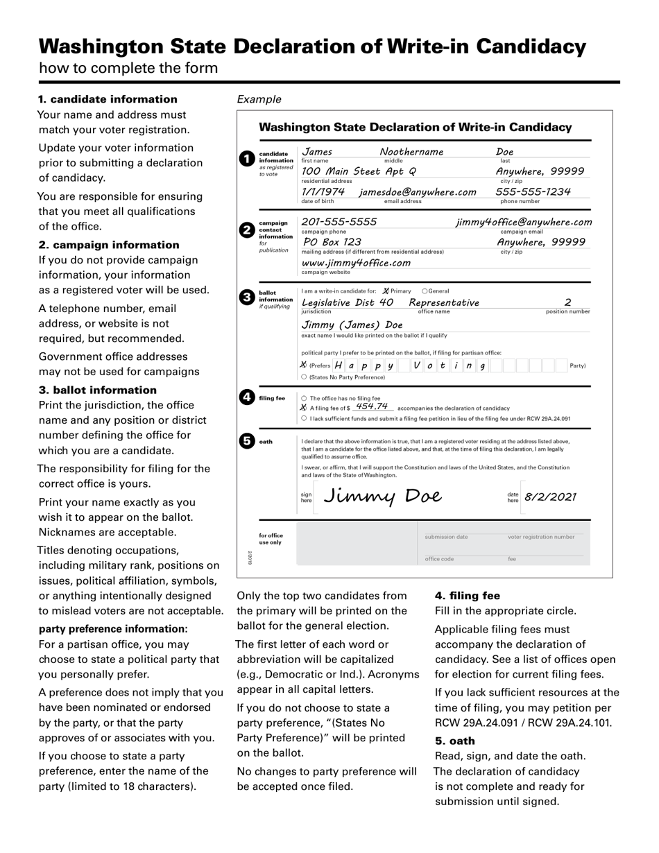 Washington State Declaration of Write-In Candidacy - Washington, Page 2