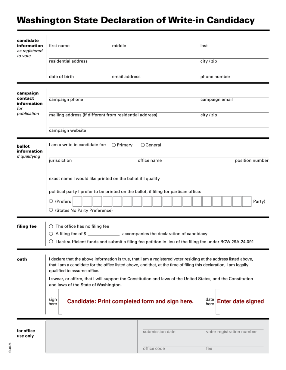 Washington State Declaration of Write-In Candidacy - Washington, Page 3