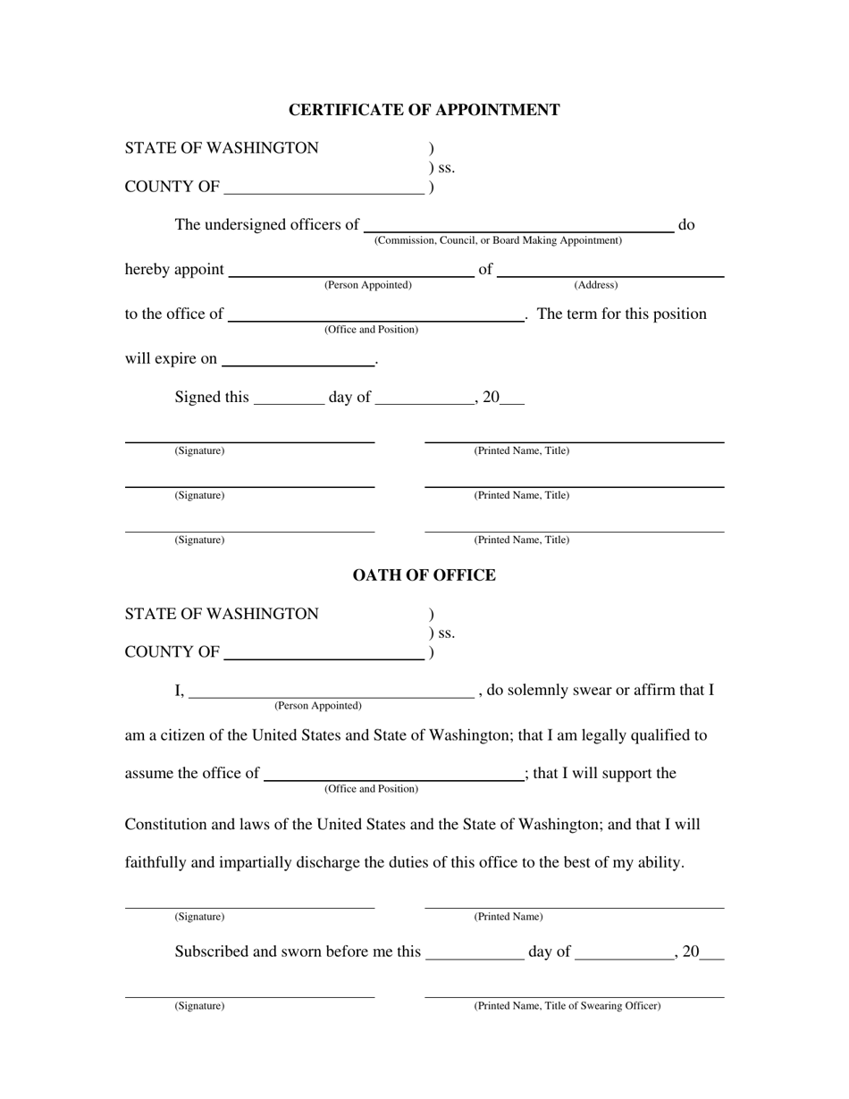 Certificate of Appointment and Oath of Office for Vacant Office - Washington, Page 1