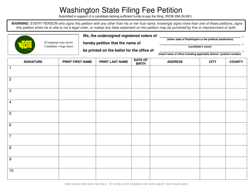 Washington State Filing Fee Petition - Washington