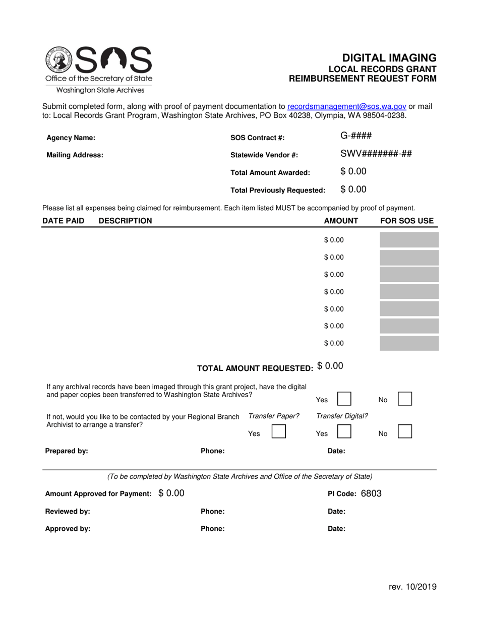 Reimbursement Request Form - Digital Imaging Local Records Grant - Washington, Page 1