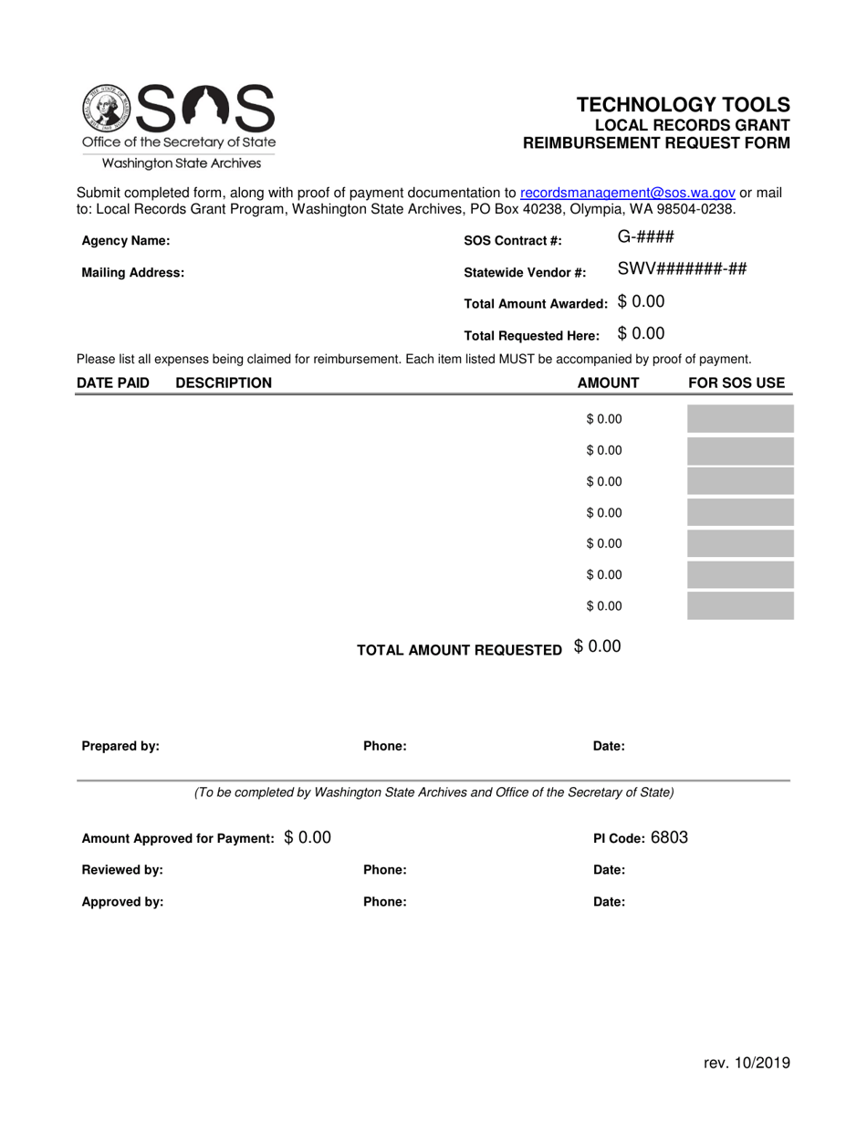 Reimbursement Request Form - Technology Tools Local Records Grant - Washington, Page 1