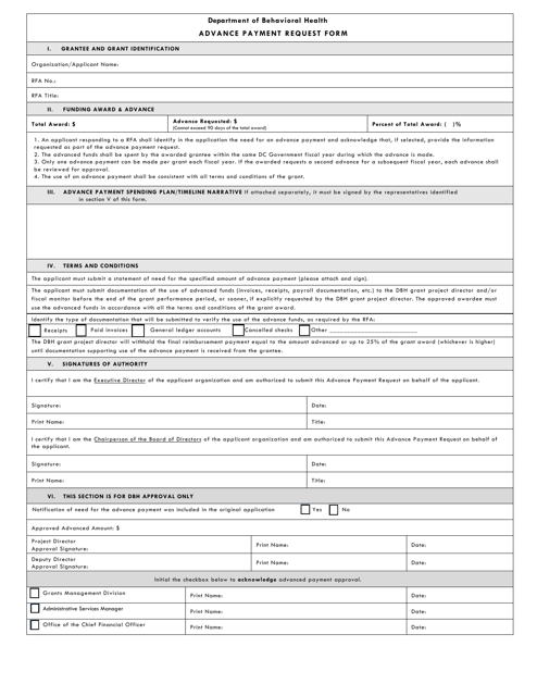 Advance Payment Request Form - Washington, D.C. Download Pdf