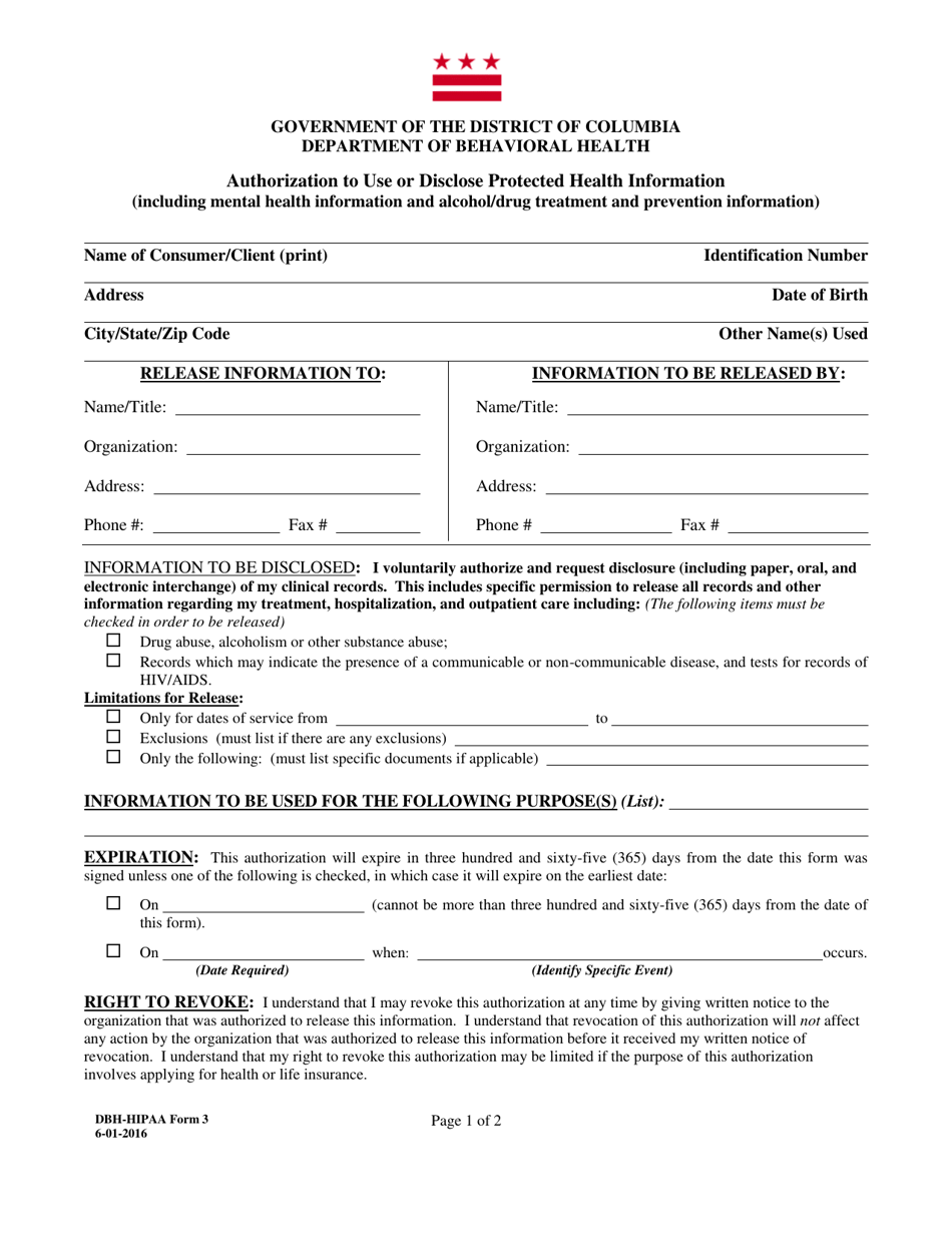 DBH-HIPAA Form 3 Authorization to Use or Disclose Protected Health Information - Washington, D.C., Page 1