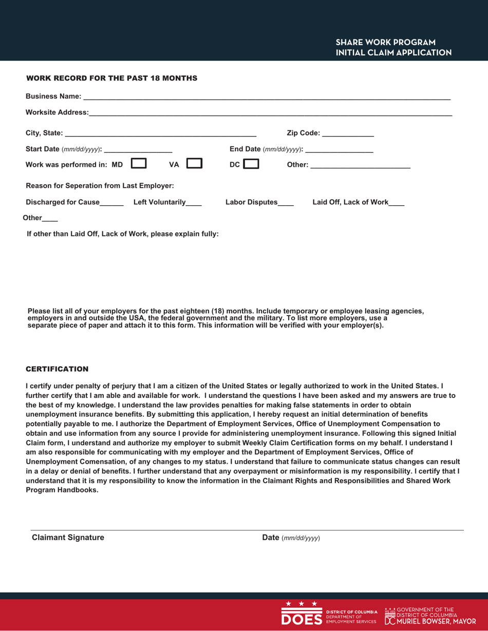 Washington, D.C. Initial Claim Application - Share Work Program - Fill ...