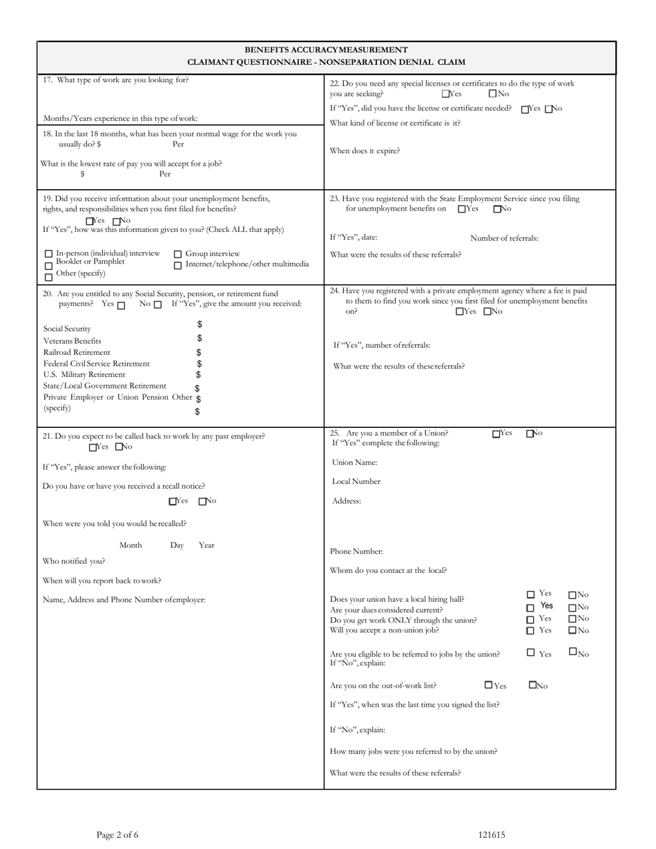 Benefits Accuracy Measurement Claimant Questionnaire - Nonseparation Denial Claim - Washington, D.C., Page 2