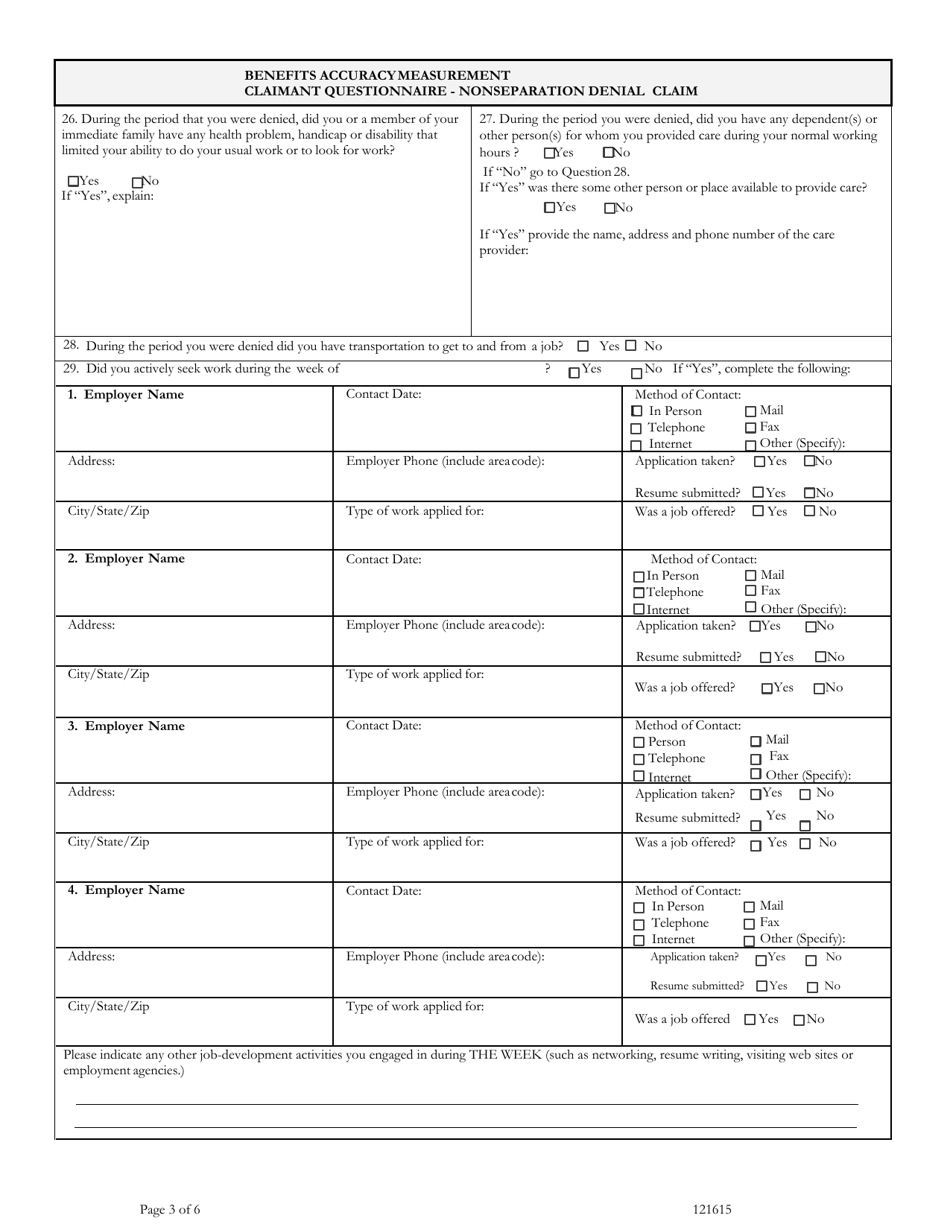Benefits Accuracy Measurement Claimant Questionnaire - Nonseparation Denial Claim - Washington, D.C., Page 3