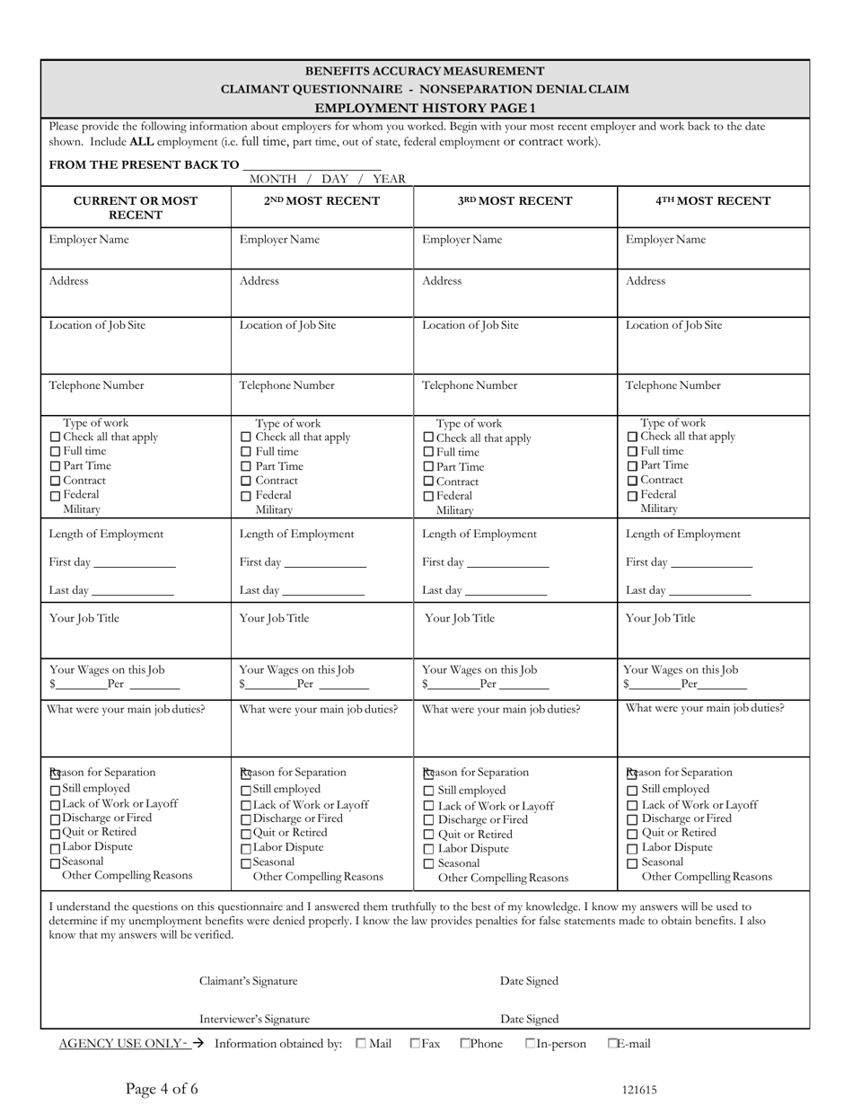 Benefits Accuracy Measurement Claimant Questionnaire - Nonseparation Denial Claim - Washington, D.C., Page 4