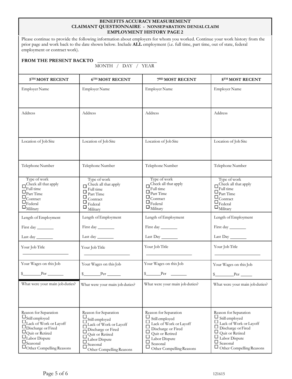 Benefits Accuracy Measurement Claimant Questionnaire - Nonseparation Denial Claim - Washington, D.C., Page 5