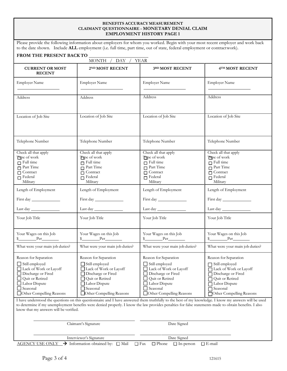 Benefits Accuracymeasurement Claimant Questionnaire - Monetary Denial Claim - Washington, D.C., Page 3