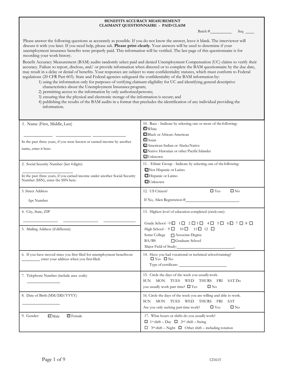 Washington, D.C. Benefits Accuracy Measurement Claimant Questionnaire ...