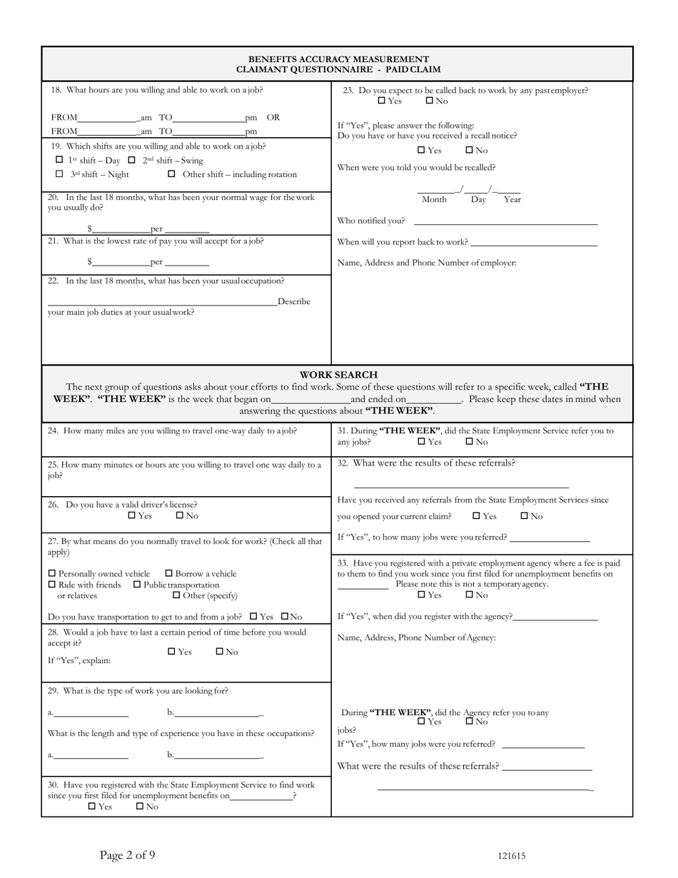 Benefits Accuracy Measurement Claimant Questionnaire - Paid Claim - Washington, D.C., Page 2