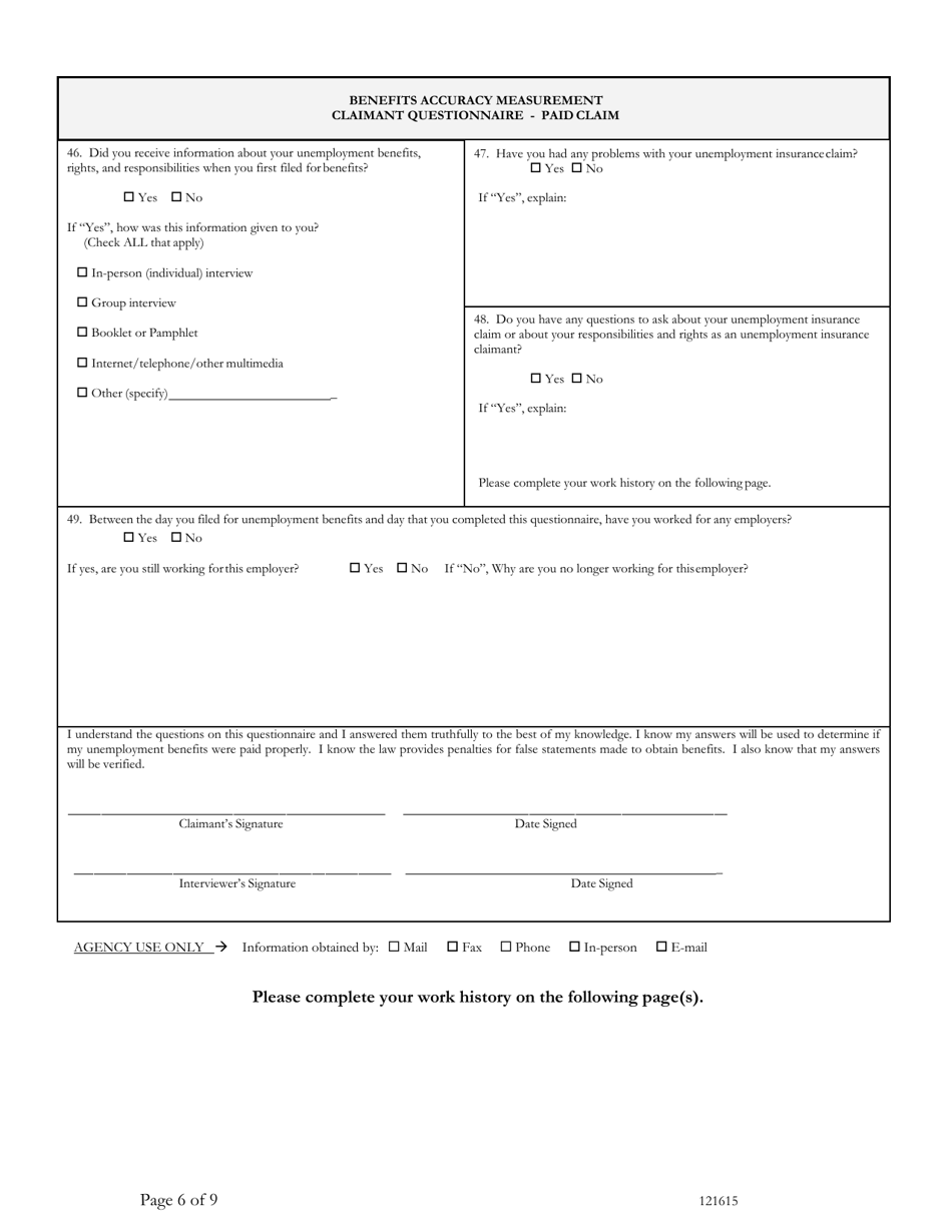 Benefits Accuracy Measurement Claimant Questionnaire - Paid Claim - Washington, D.C., Page 6