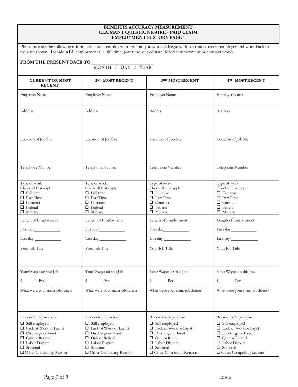 Benefits Accuracy Measurement Claimant Questionnaire - Paid Claim - Washington, D.C., Page 7