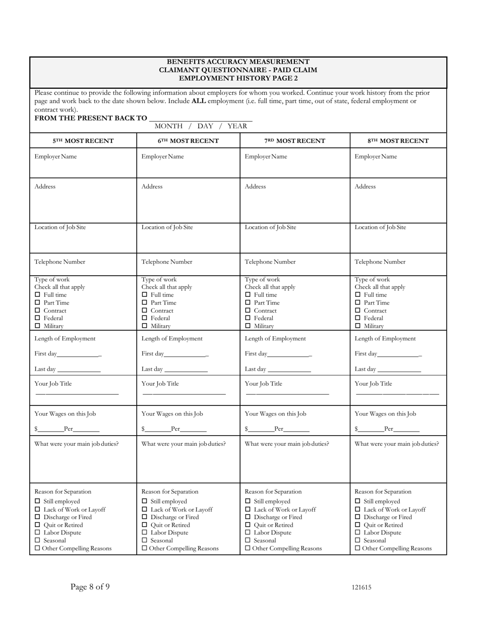 Benefits Accuracy Measurement Claimant Questionnaire - Paid Claim - Washington, D.C., Page 8